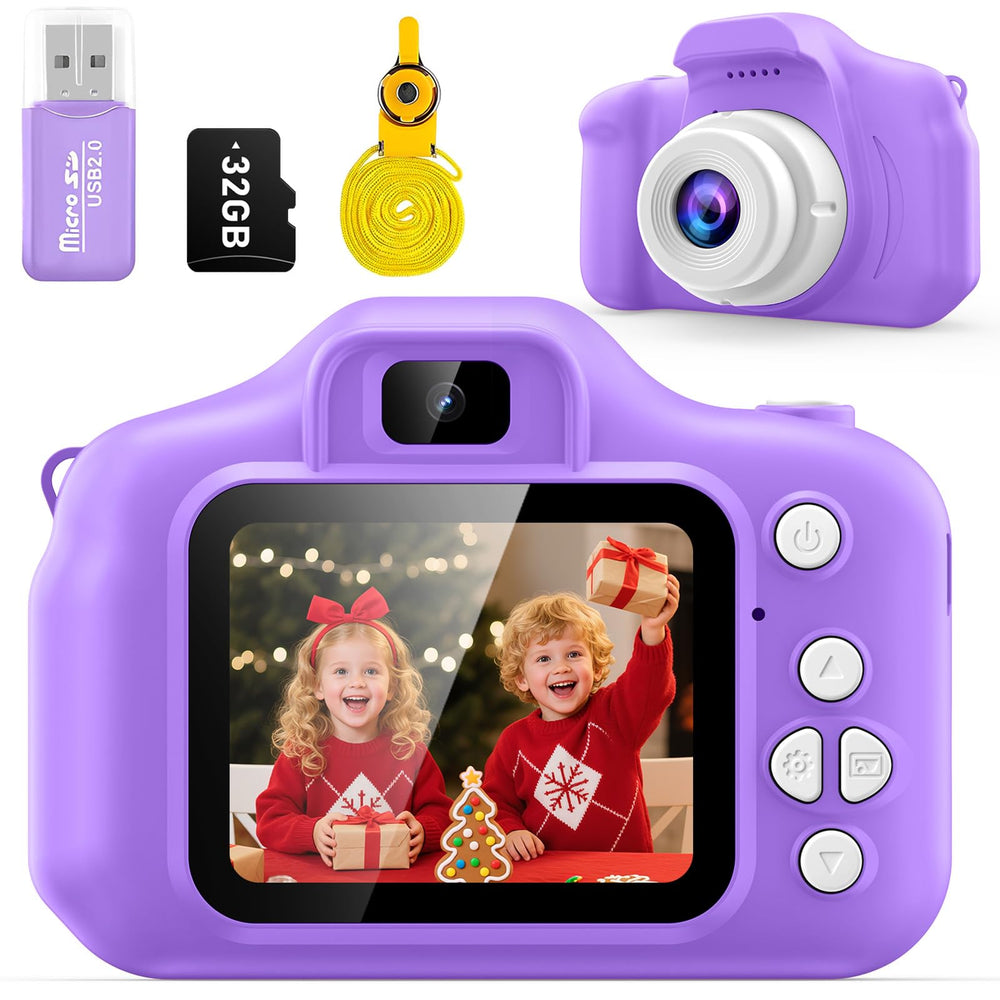 Desuccus Kids Camera in purple design with travel strap, ideal for on-the-go photo adventures.