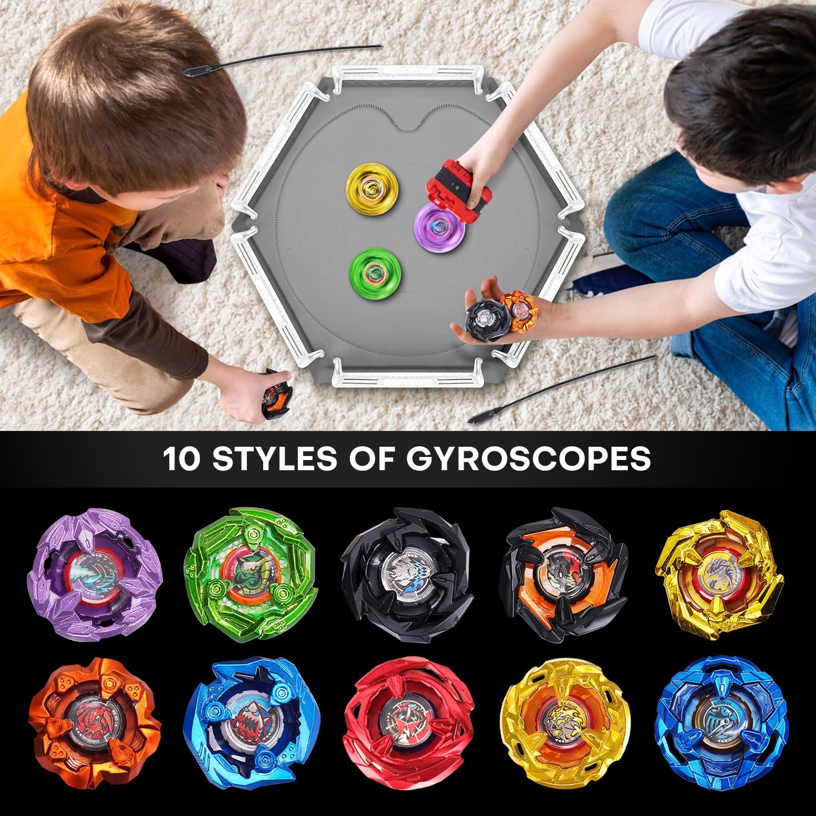 DEZAWRTY Gyro X bright-colored tops attract kids to play.