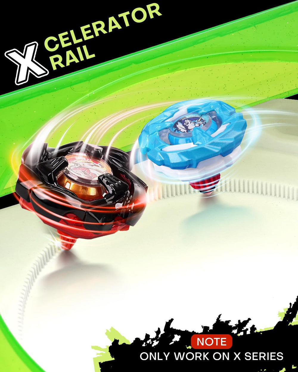 DEZAWRTY six tops in action for high-speed gyro battles.