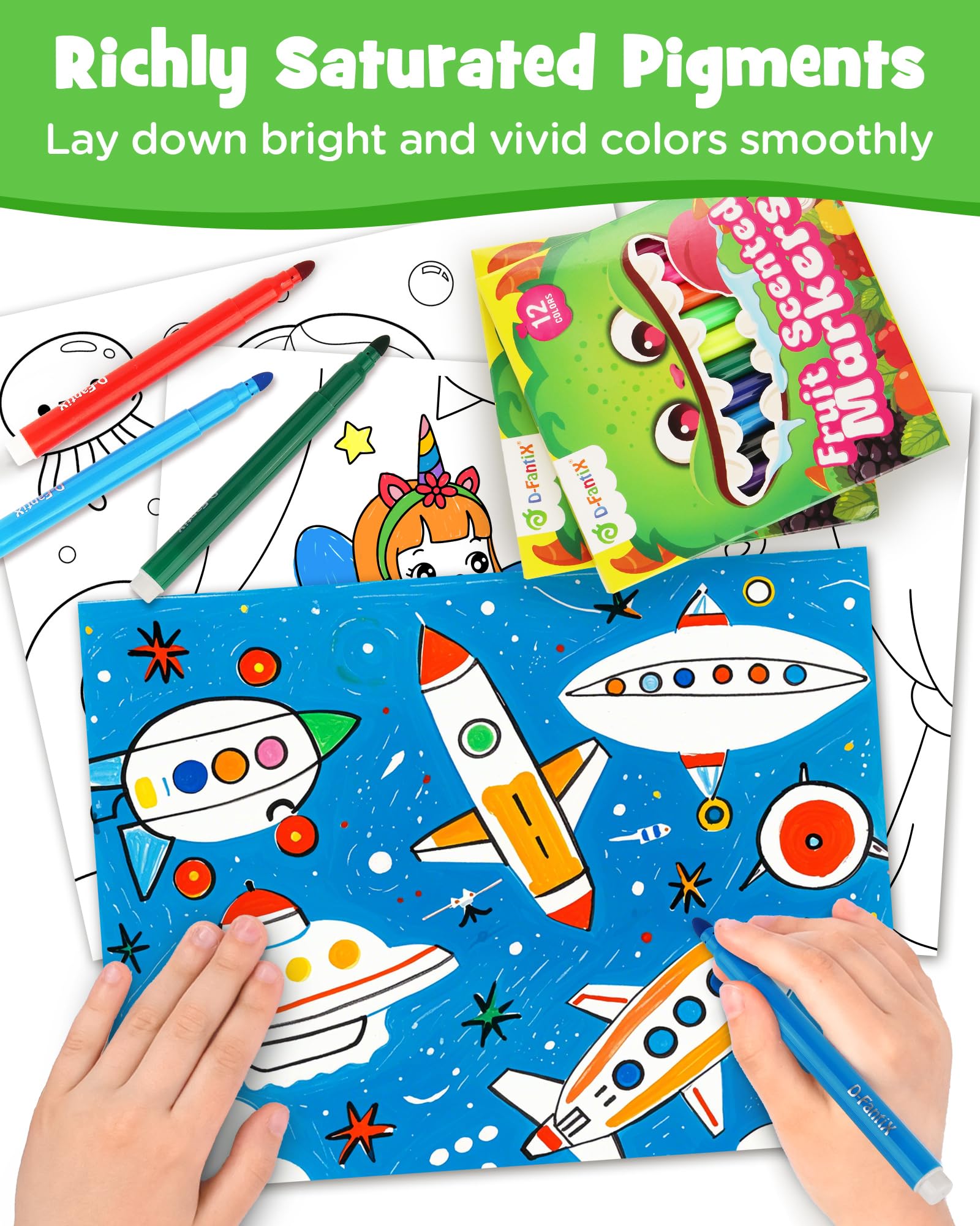 Kids coloring with markers during activity enjoying scent and smooth grip for comfortable use.
