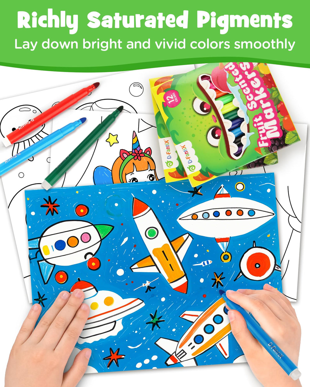 Kids coloring with markers during activity enjoying scent and smooth grip for comfortable use.