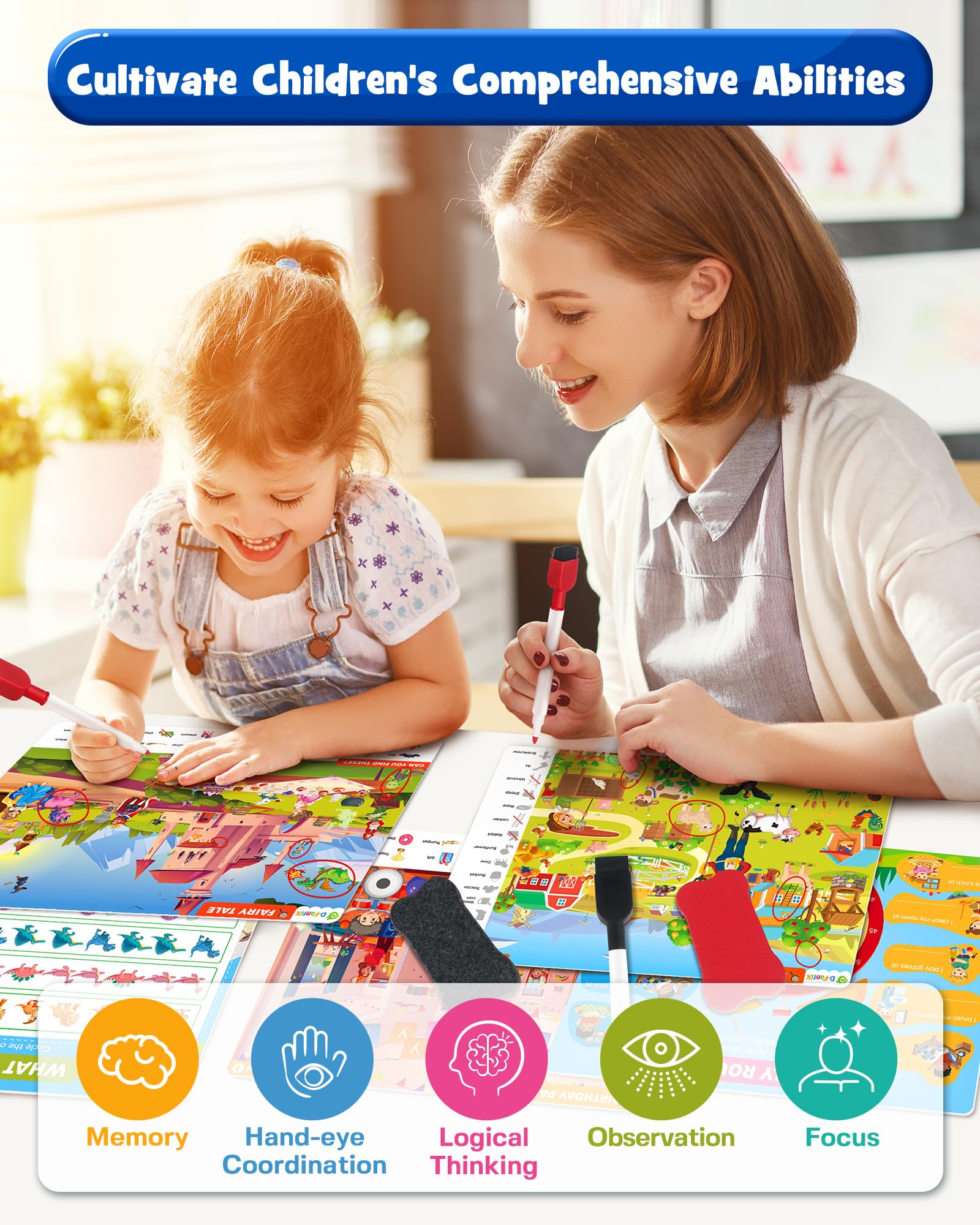 D-FantiX search and find book mats and markers kit demonstrates reusable learning through dry-erase play.