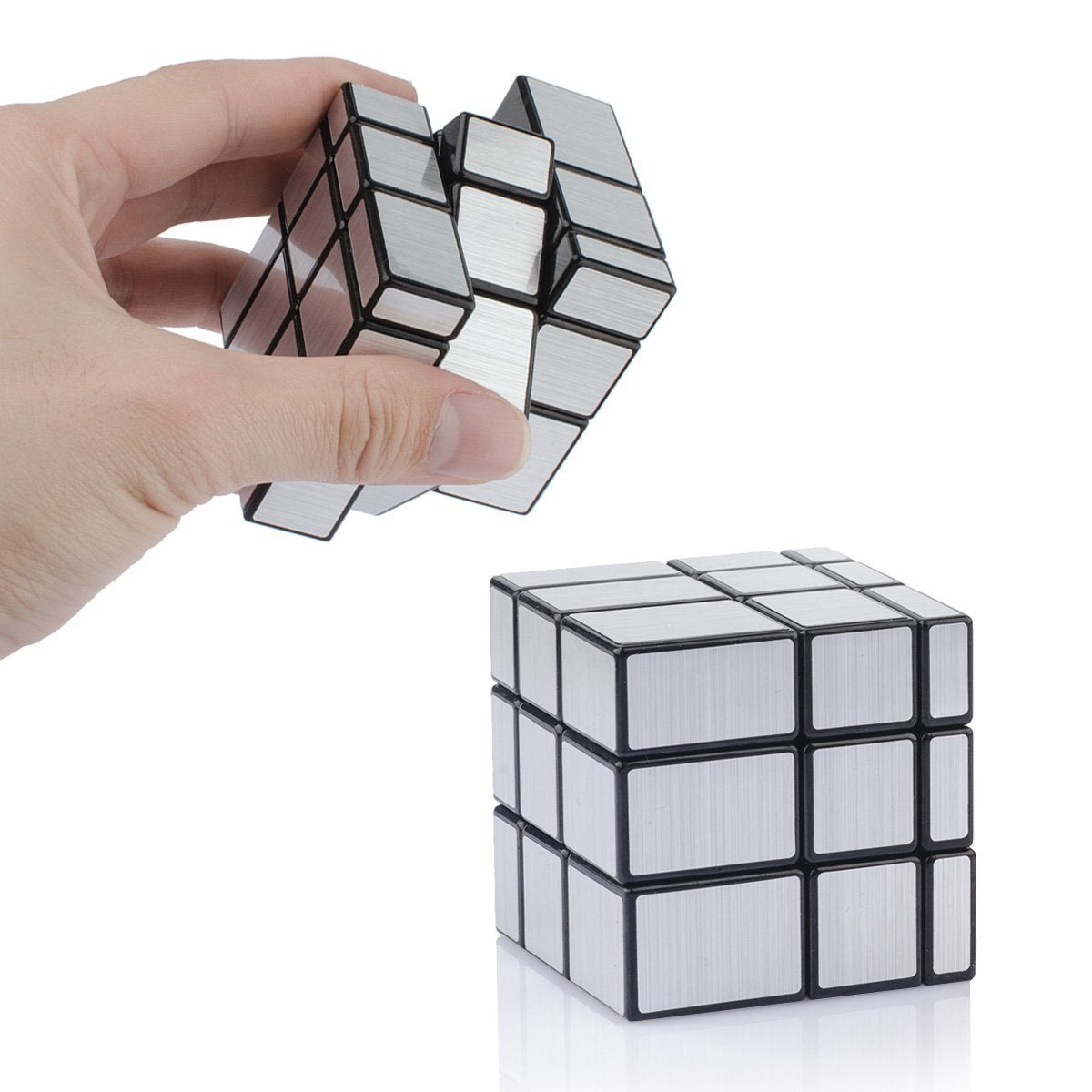 Close-up of mirror cube shape-mod detail showing shifting piece sizes