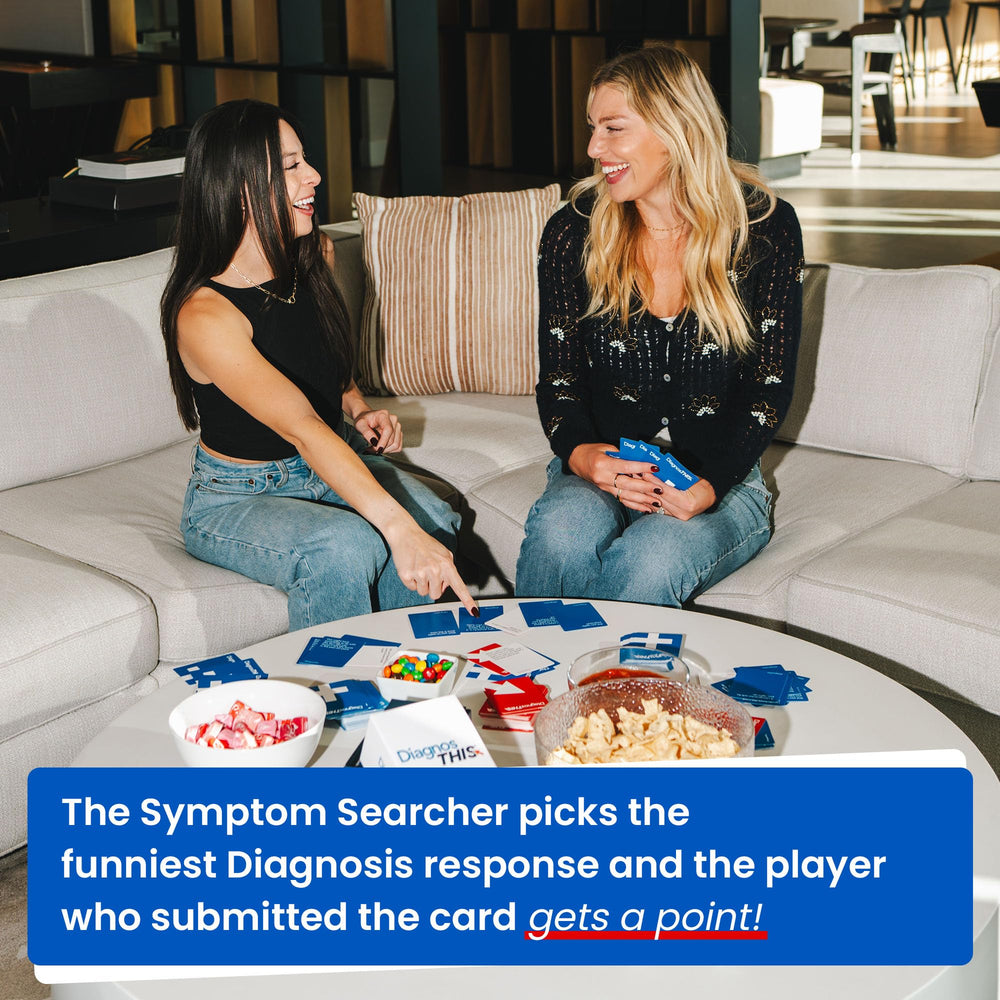 DiagnosThis players laughing around the table with friends and drinks.