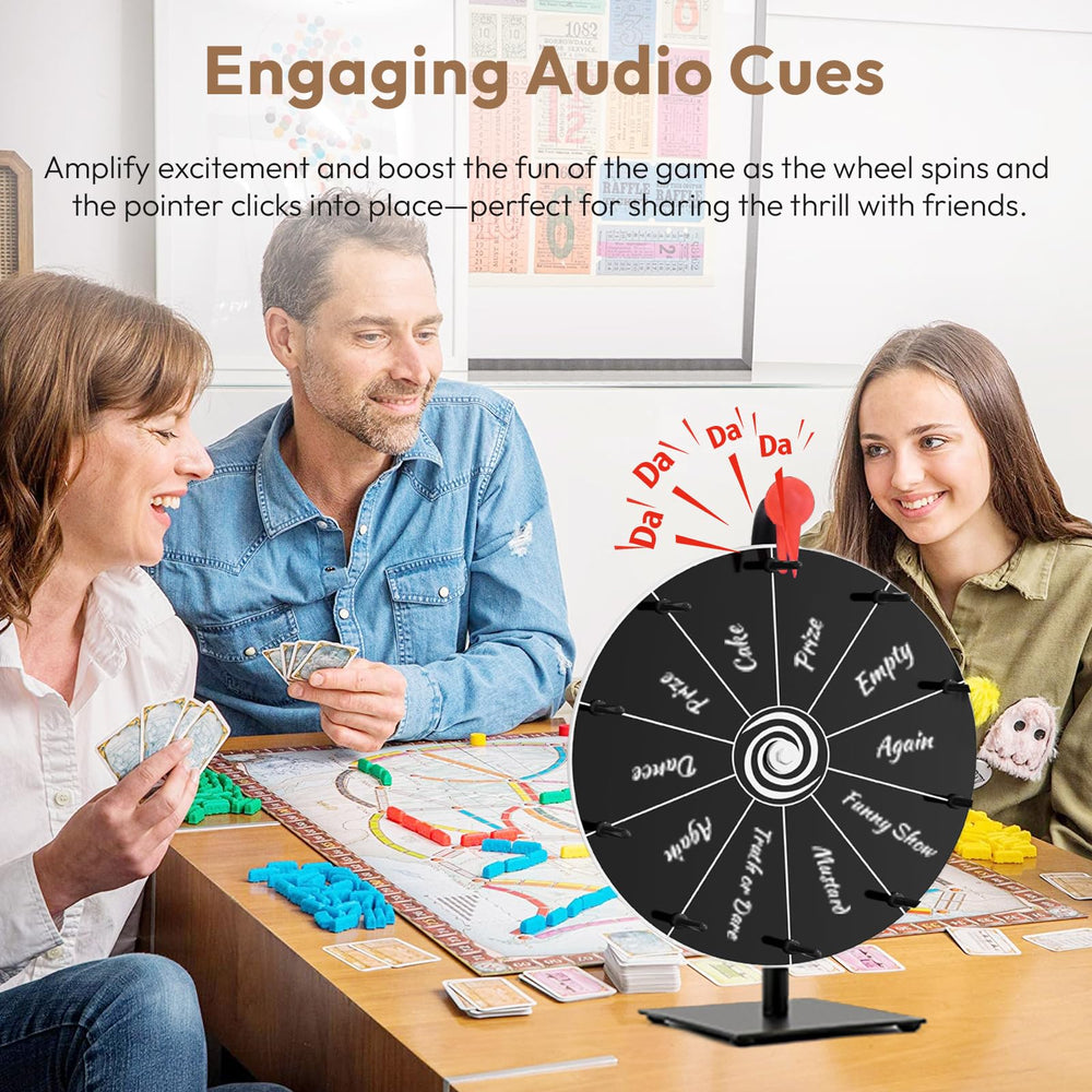 Dialorys 12-inch prize wheel shows clear labels for quick prize selection