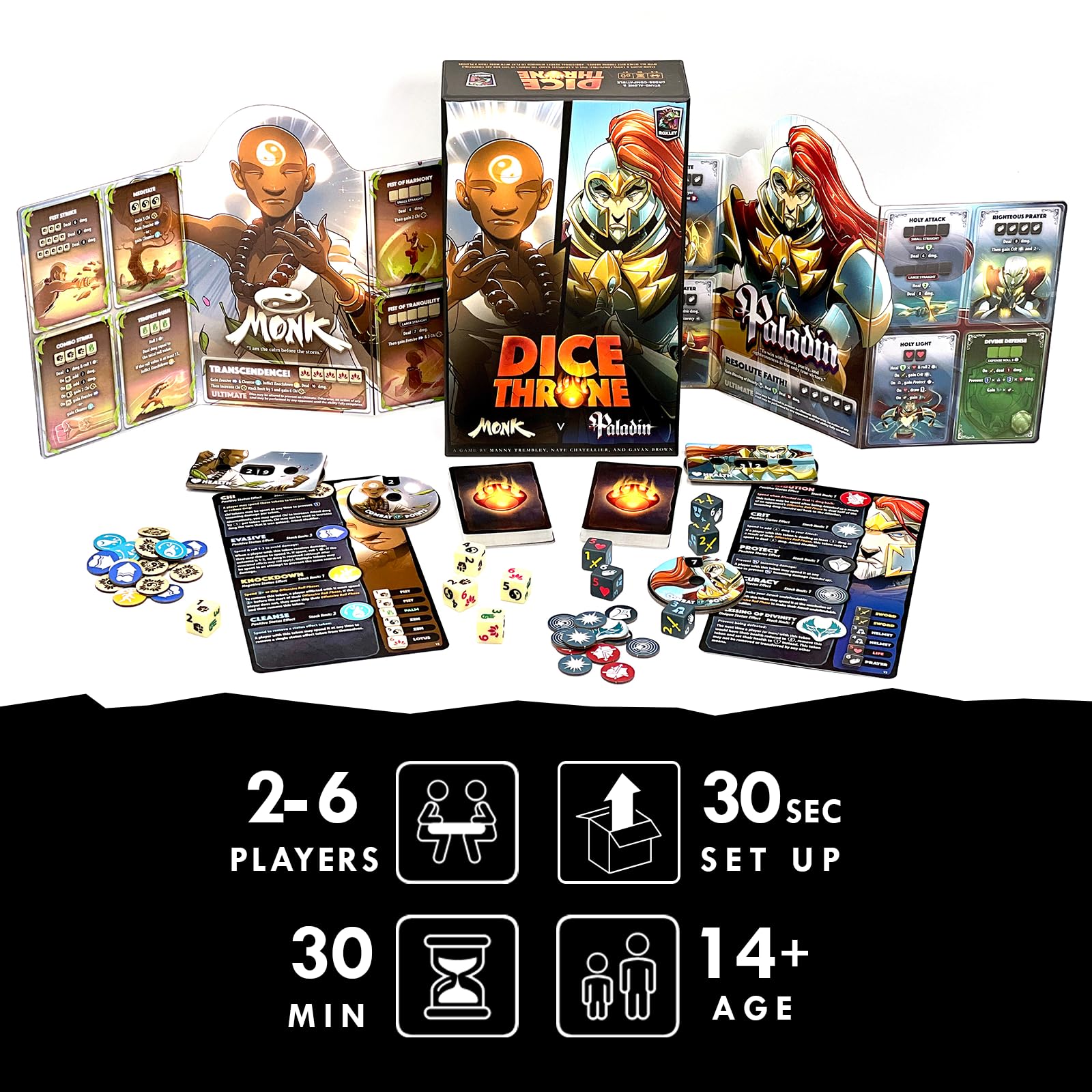 Dice Throne Monk portrait with custom dice, ideal for precise battle planning.