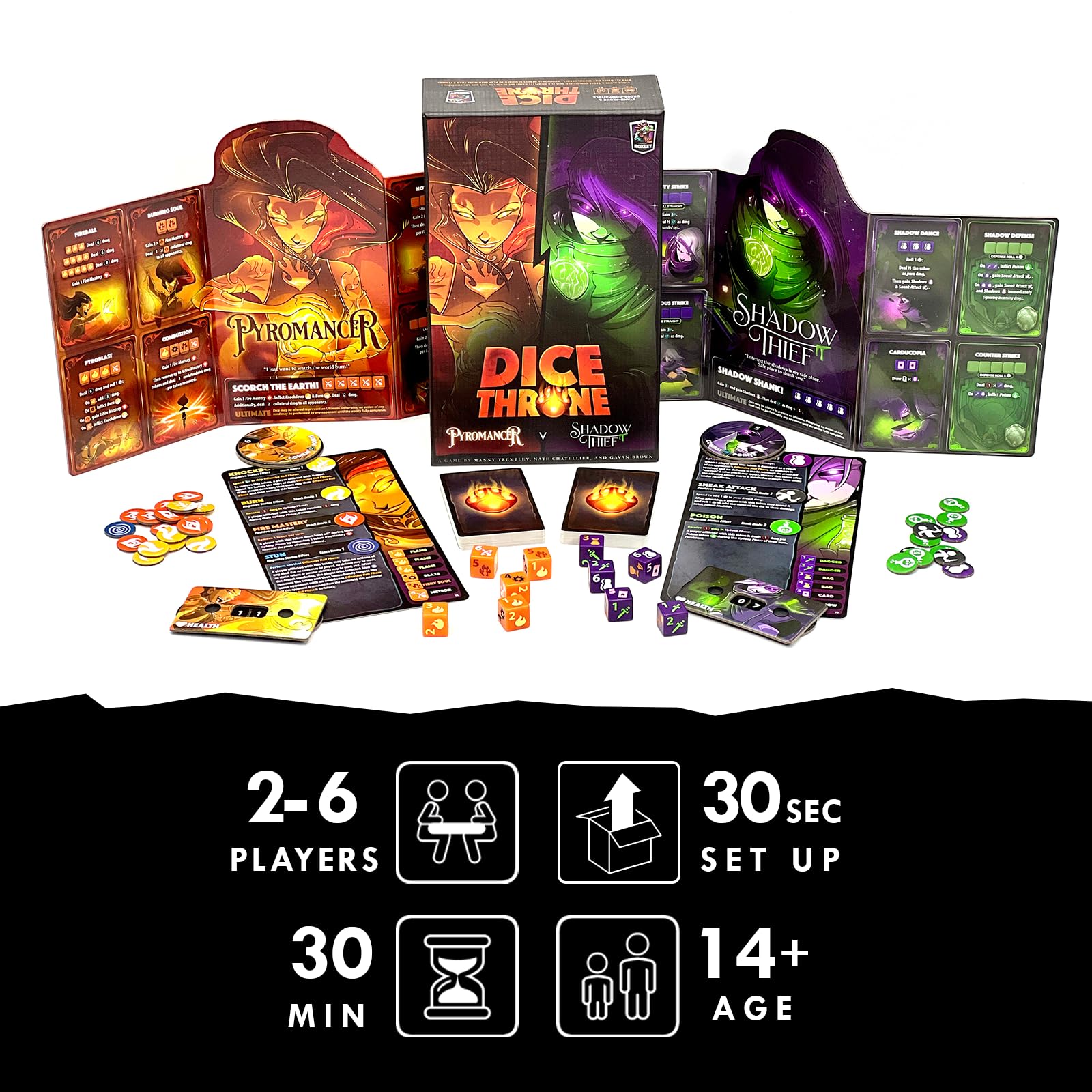 Dice Throne Shadow Thief dice and ability cards highlight stealthy strategy during play