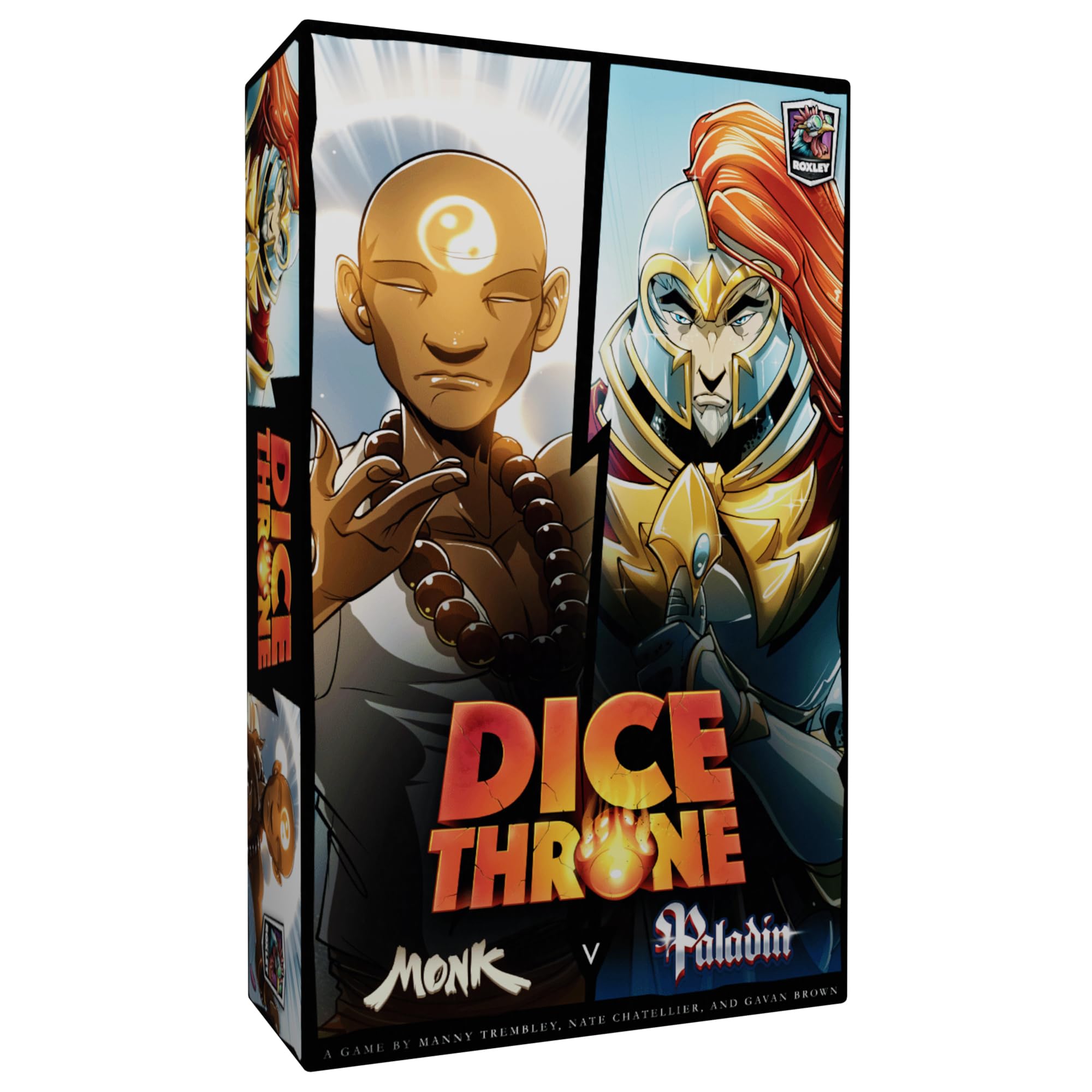Dice Throne two-hero box cover with Monk and Paladin, ideal for quick head-to-head duels.