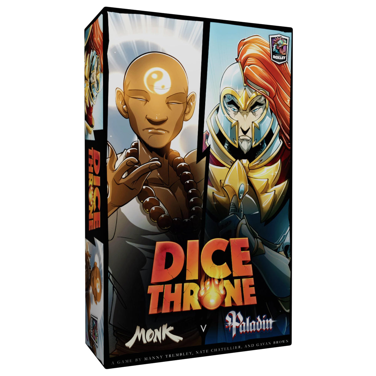 Dice Throne two-hero box cover with Monk and Paladin, ideal for quick head-to-head duels.