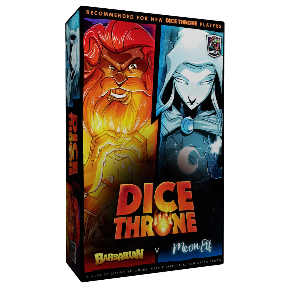 Dice Throne two-hero starter set front cover with Barbarian and Moon Elf for fast head-to-head battles