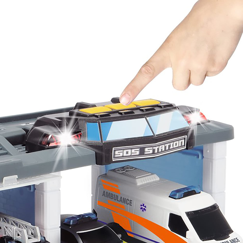 Dickie Toys Rescue Station assembly view with multiple vehicles