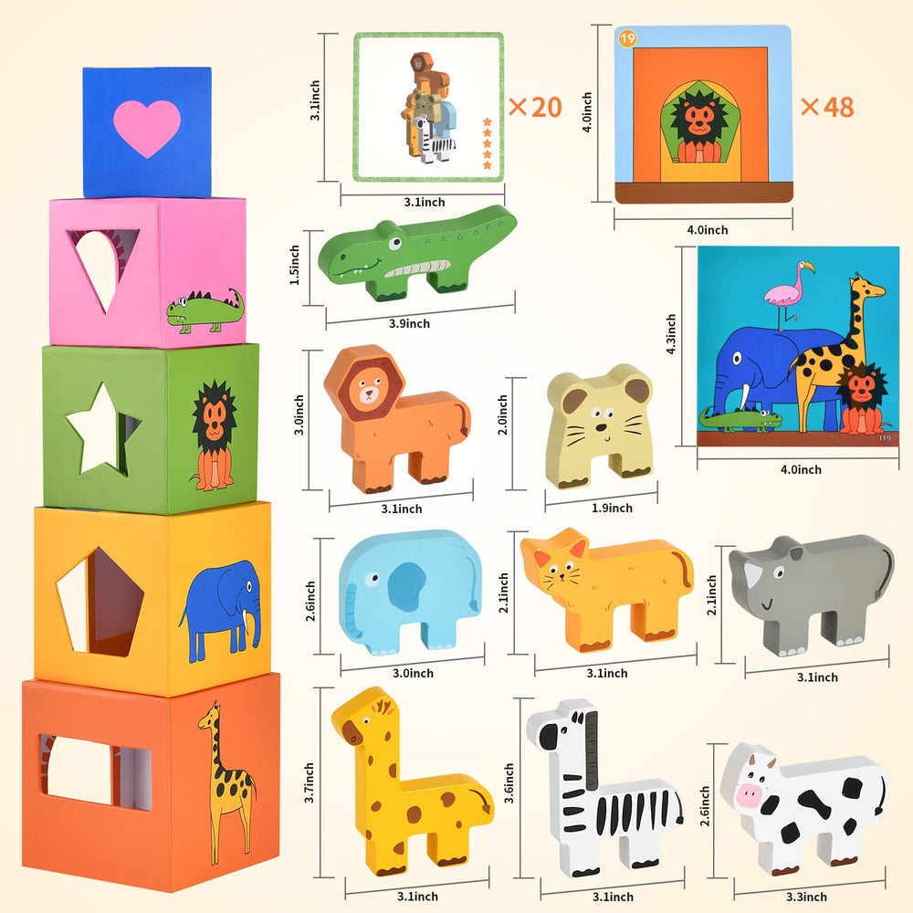 DICROON animal blocks with patterns for color recognition and imaginative stacking.