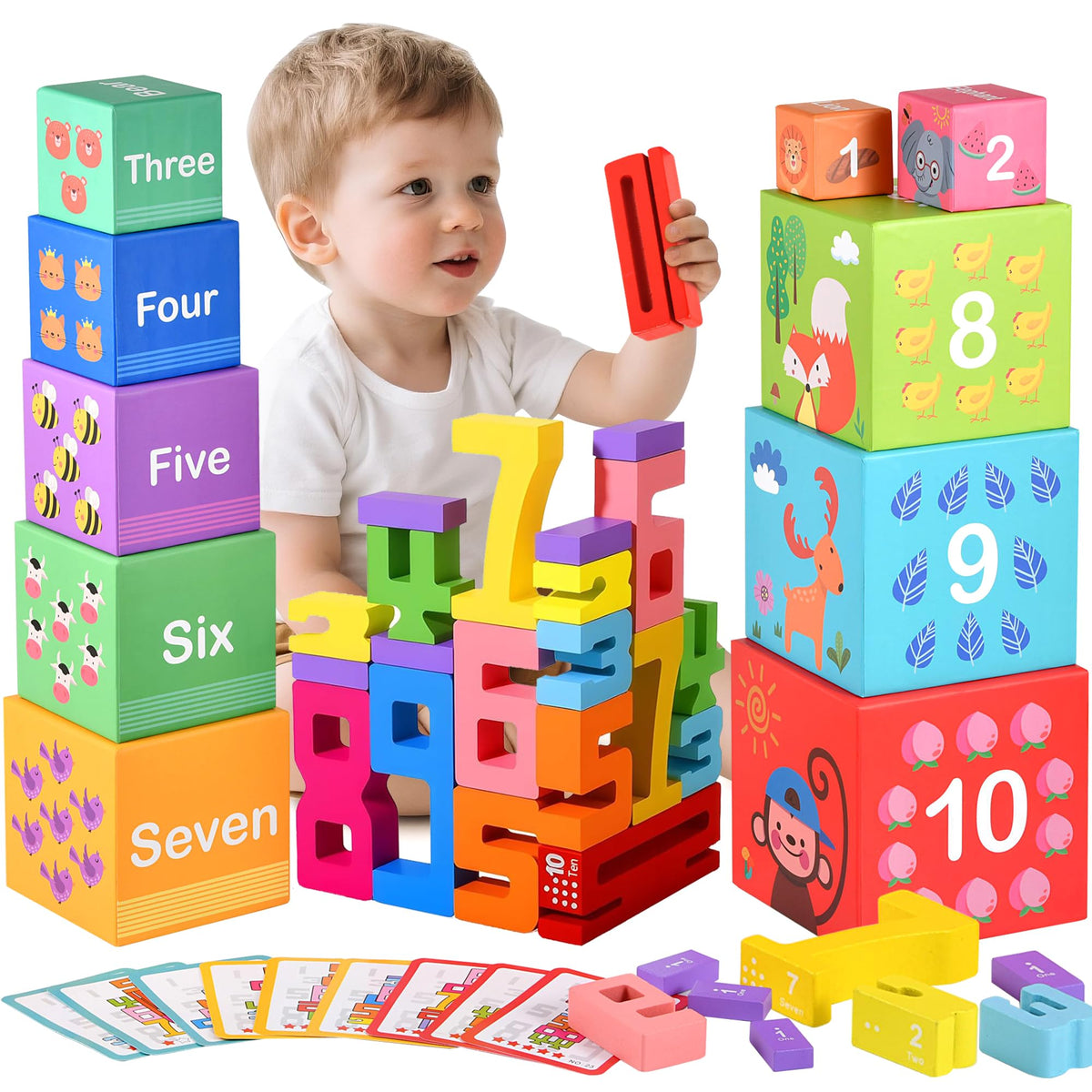 DICROON wooden number blocks stacked into a tall tower for creative counting play