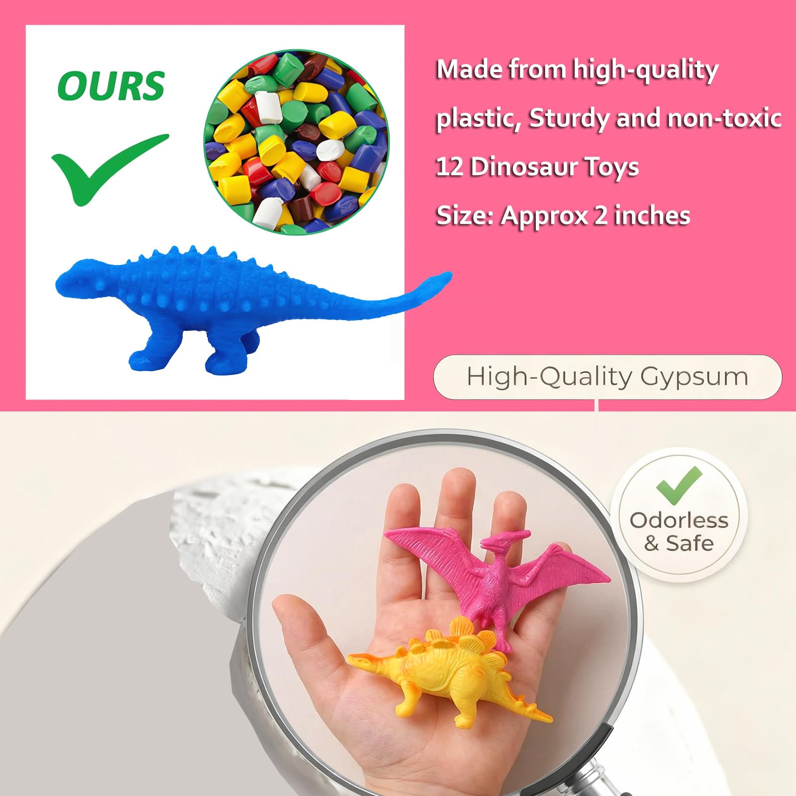 Mess-free dino dig setup shown on tray for easy cleanup.