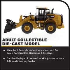 Diecast Masters 950M wheel loader with working bucket for realism.