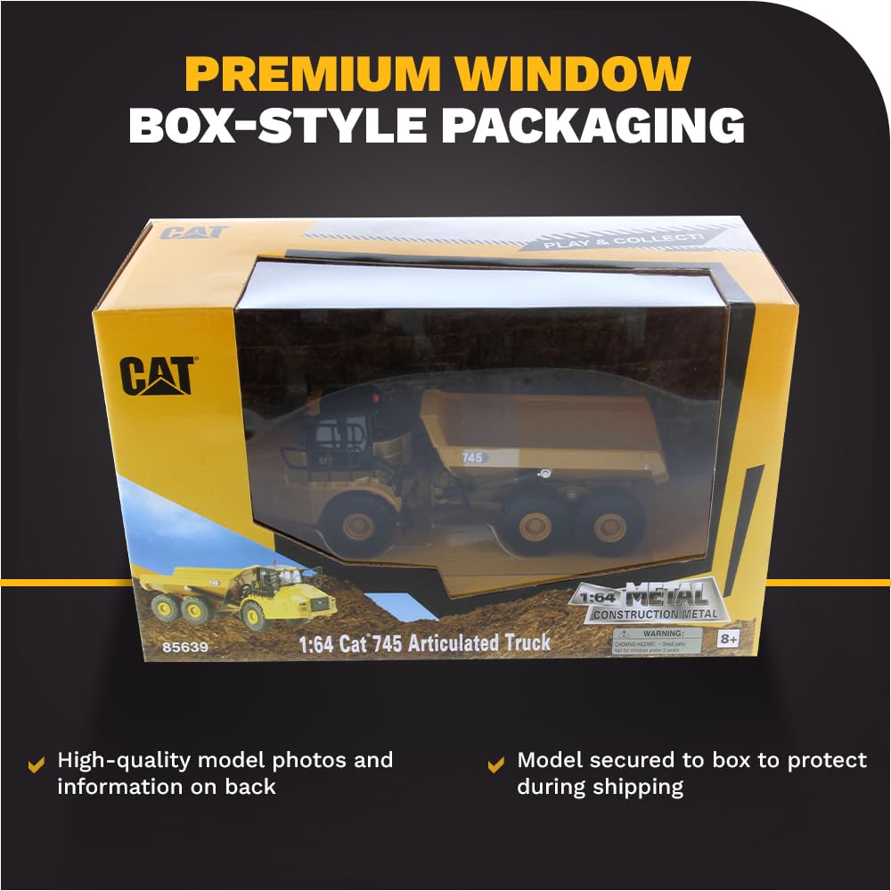 Diecast Masters Cat 745 paint tone demonstrates CAT yellow finish for display appeal