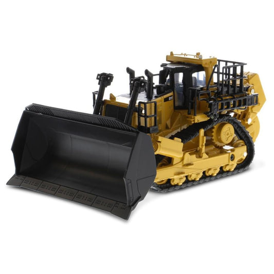 Diecast Masters CAT D11 dozer front view in authentic Cat yellow, ideal for collectors.