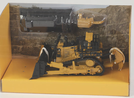 Diecast Masters CAT D11 dozer side view showing two blades and rippers for display versatility.