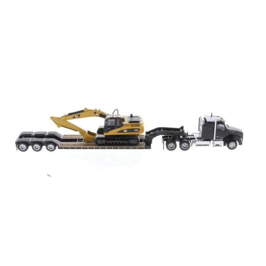 Diecast Masters lowboy trailer with Caterpillar 320D L excavator for realistic HO layouts.