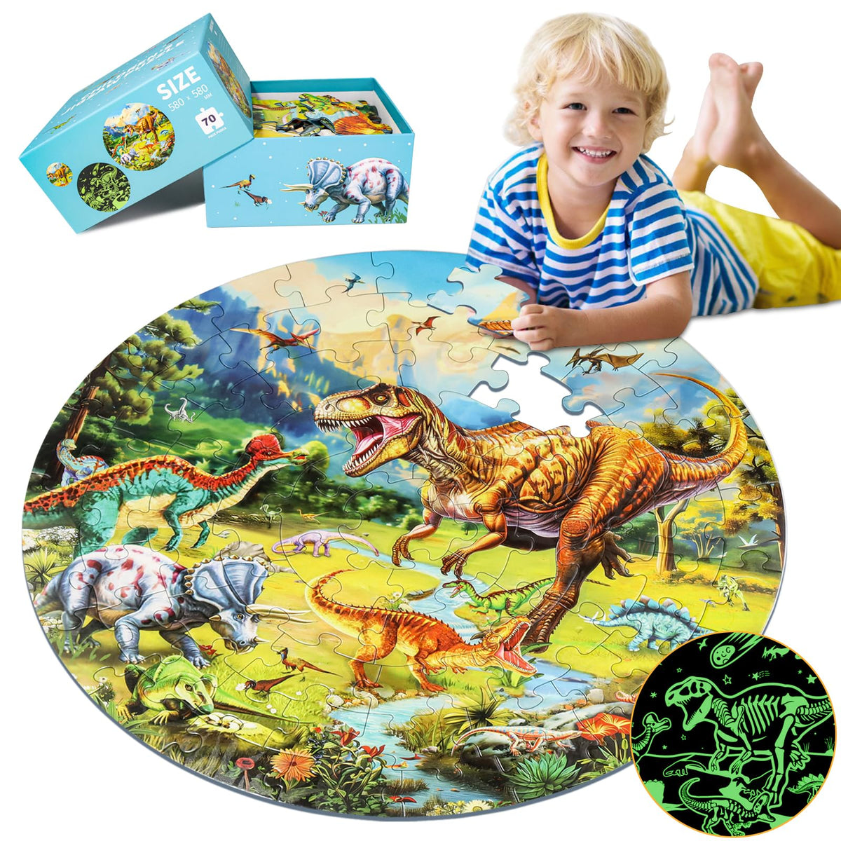 DIGOBAY Glow Dino Puzzle daytime scene highlights colorful dinosaurs for hours of learning fun.