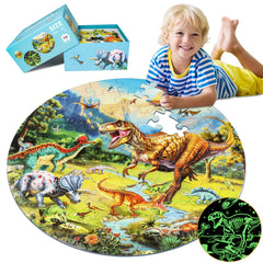 DIGOBAY Glow Dino Puzzle daytime scene highlights colorful dinosaurs for hours of learning fun.