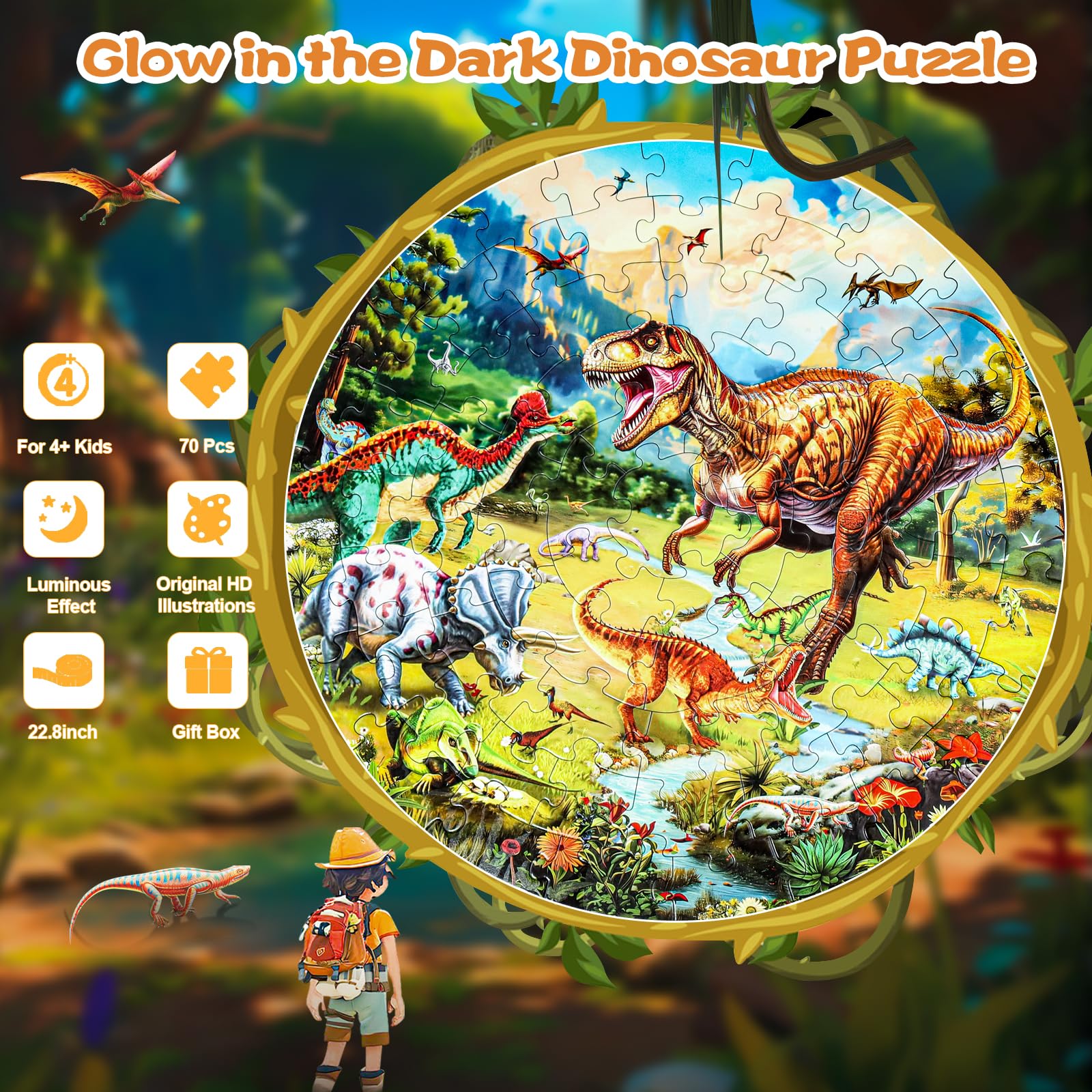 DIGOBAY Glow Dino Puzzle nighttime skeleton scene sparks imaginative play after dark.