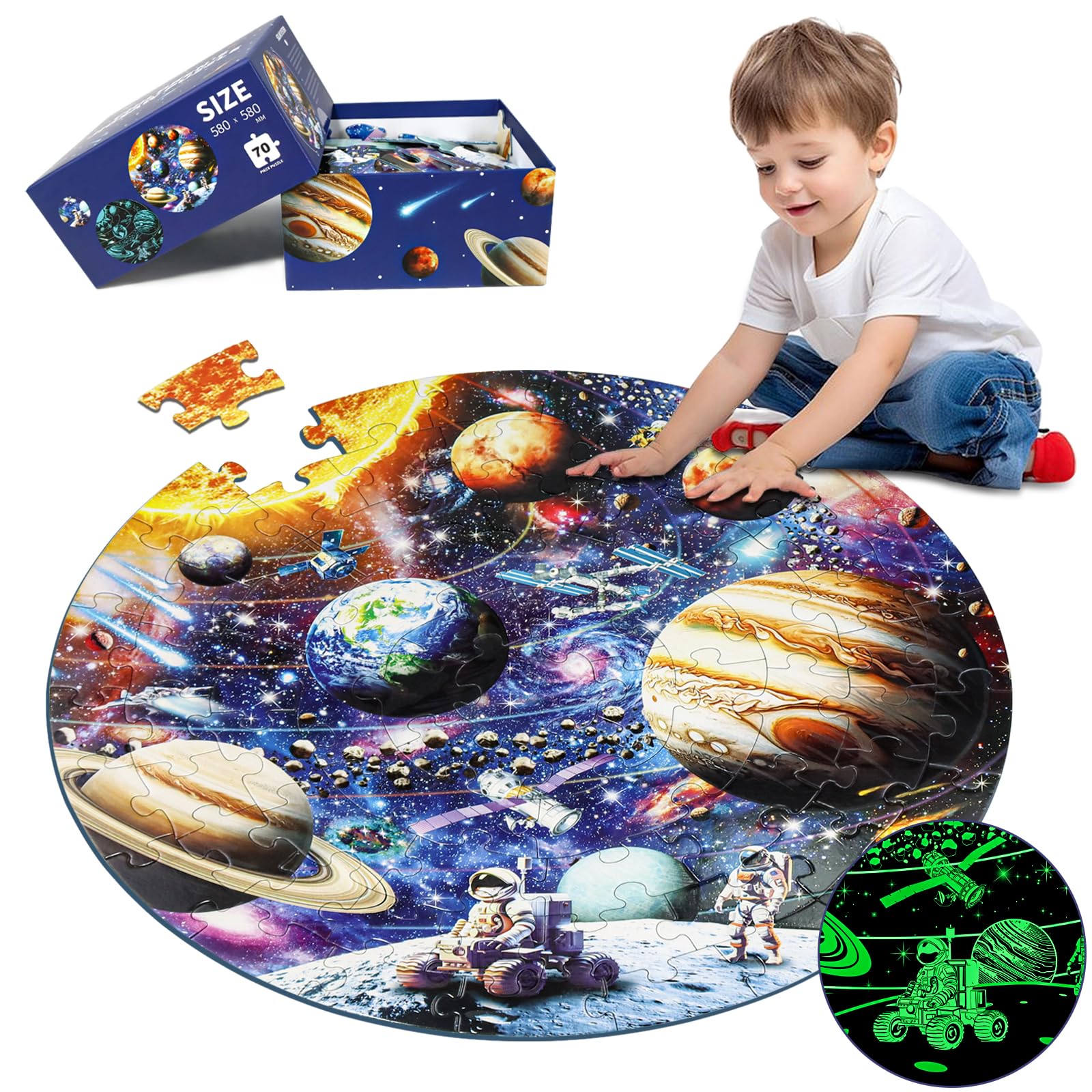DIGOBAY glow-in-the-dark solar system puzzle shows glowing planets for night-time curiosity.