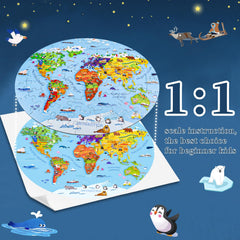 Map pieces feature landmarks, animals, and cultures to spark curiosity.