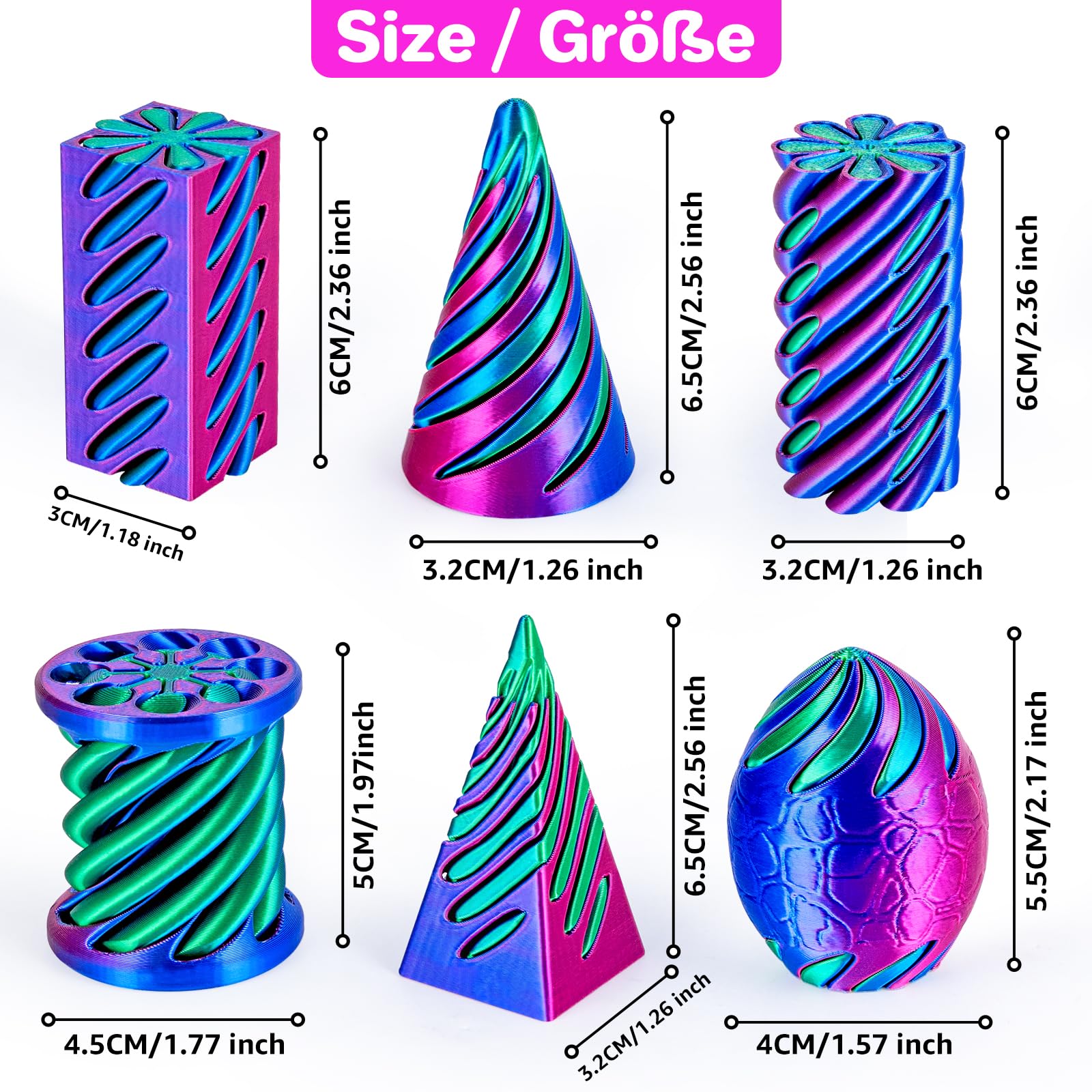 Dikale 6-pack spiral cone fidget set with pyramid shapes for sensory exploration.