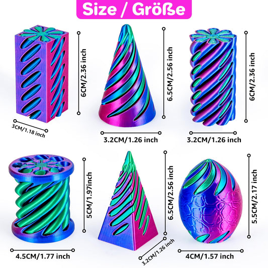 Dikale 6-pack spiral cone fidget set with pyramid shapes for sensory exploration.