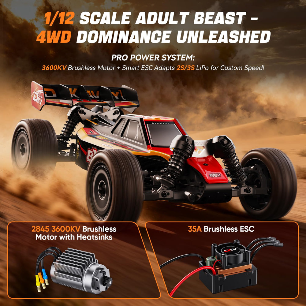 Dikavey 1/12 brushless RC car side view highlights agile handling and rugged build.