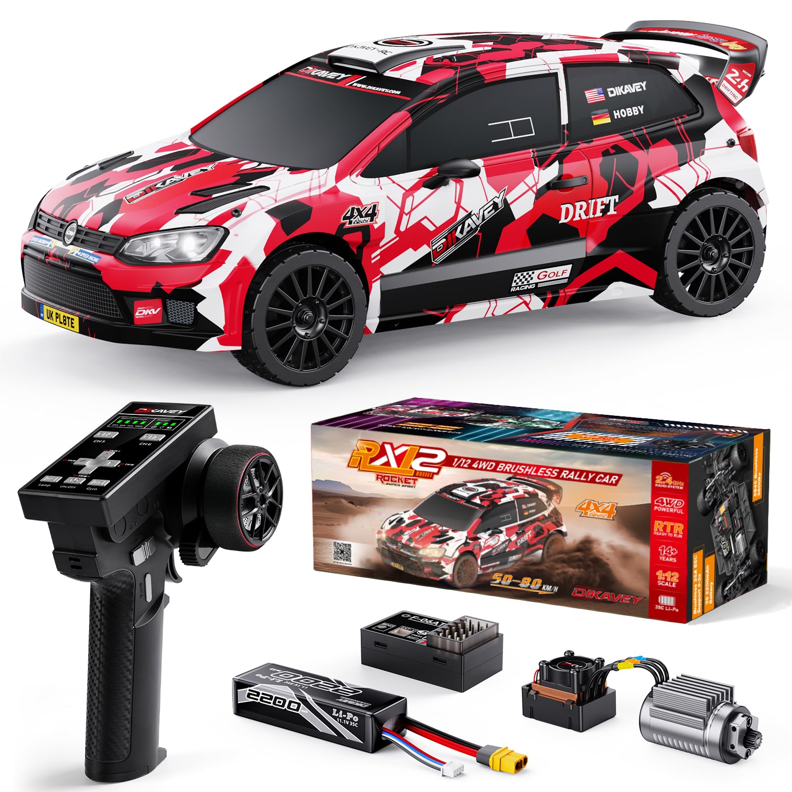 DIKAVEY 1:12 RC rally car front view shows rugged chassis for high-speed runs