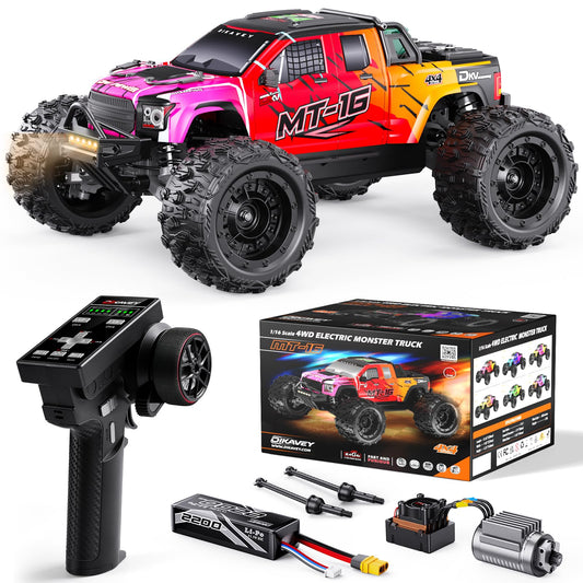 DIKAVEY 1/16 brushless 4WD RC truck front view in gradient red for high-speed off-road thrills.