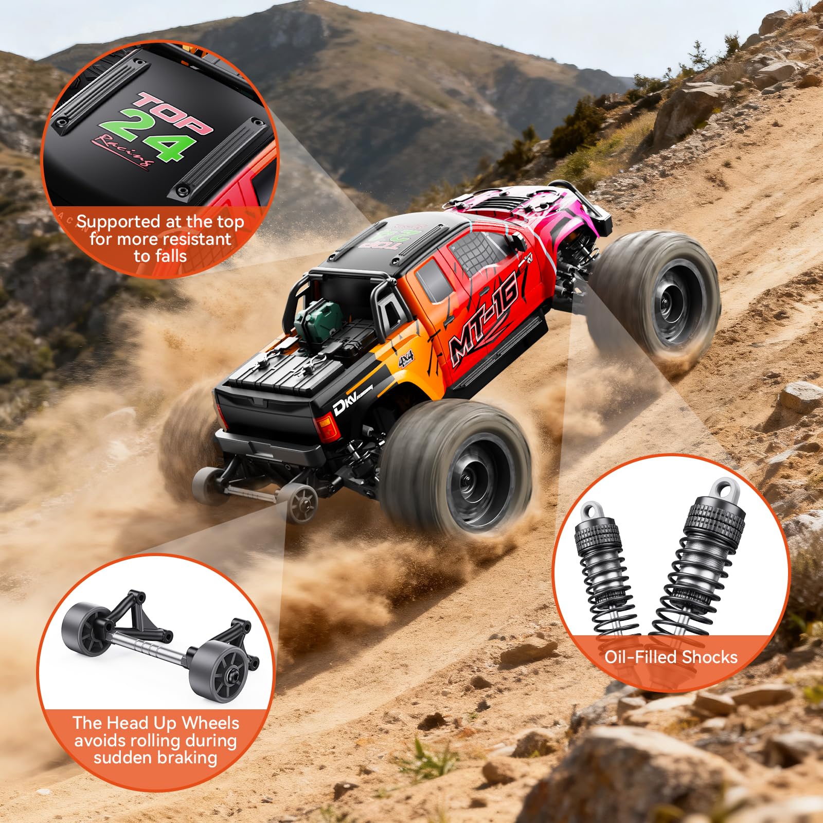 DIKAVEY adjustable oil-filled shocks ensure stable landings on rough terrain.
