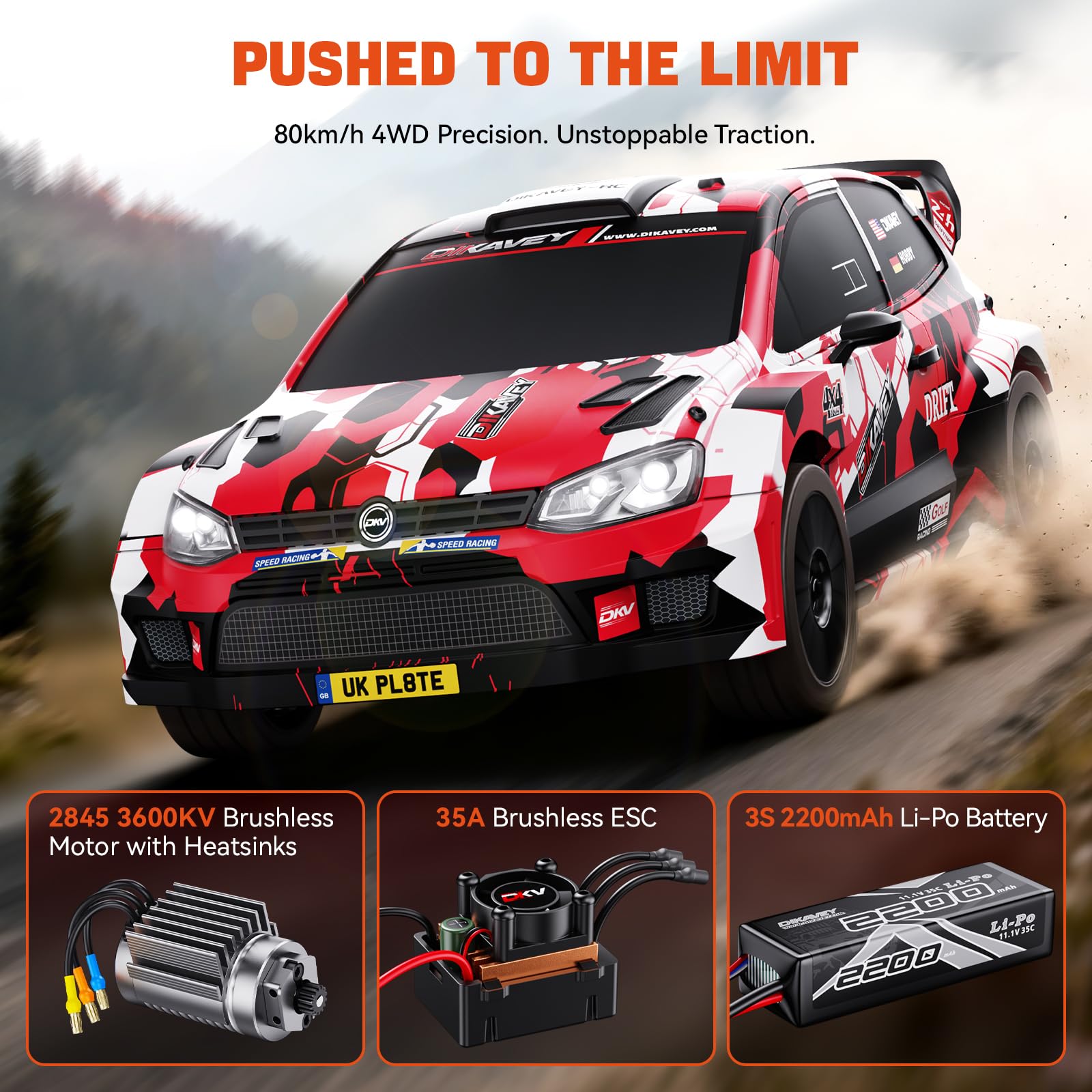 DIKAVEY car in motion on dirt showcasing 4x4 traction and high-speed handling benefit