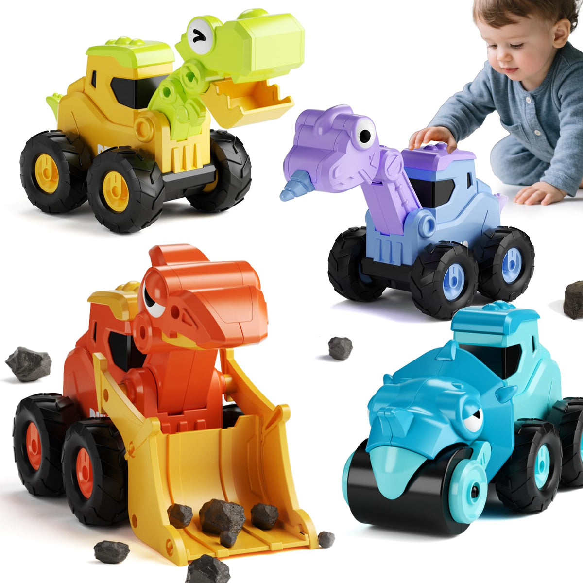 Dimoarch dino excavator yellow front view, movable arms, engaging KaKa sounds