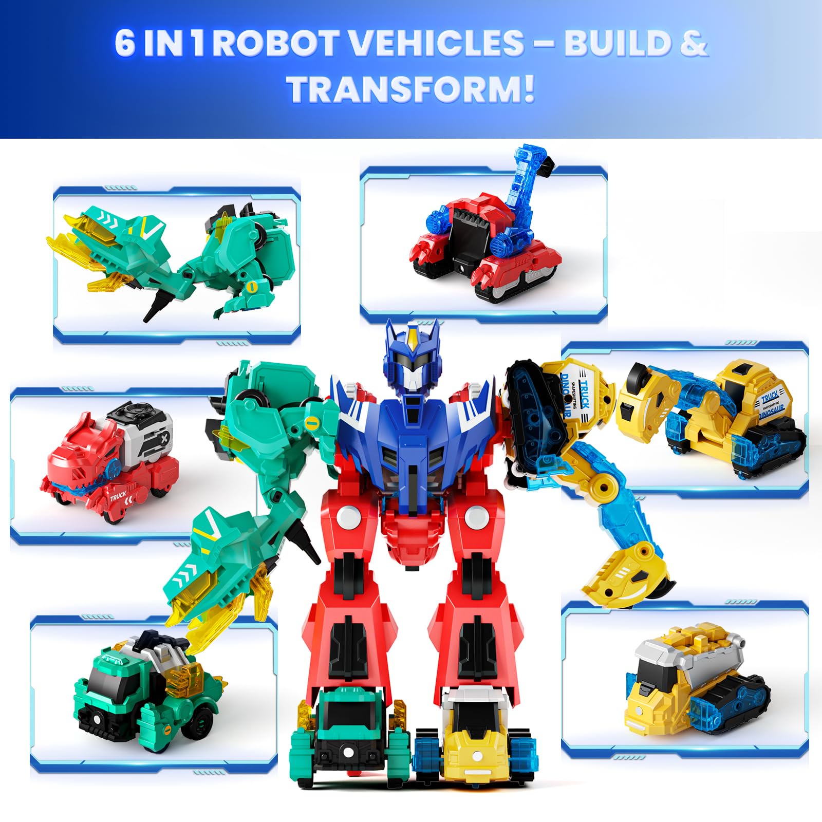Dimoarch kids assembling dinos, trucks, and the mega robot.