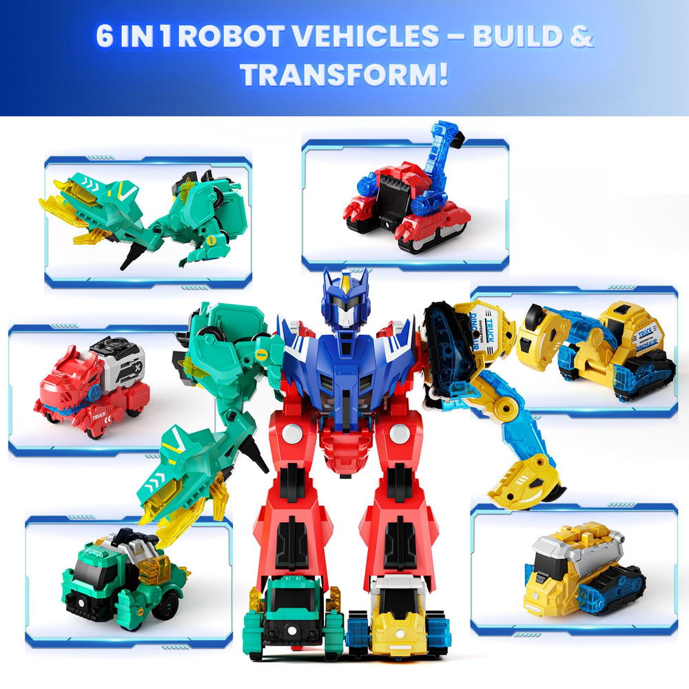 Dimoarch kids assembling dinos, trucks, and the mega robot.