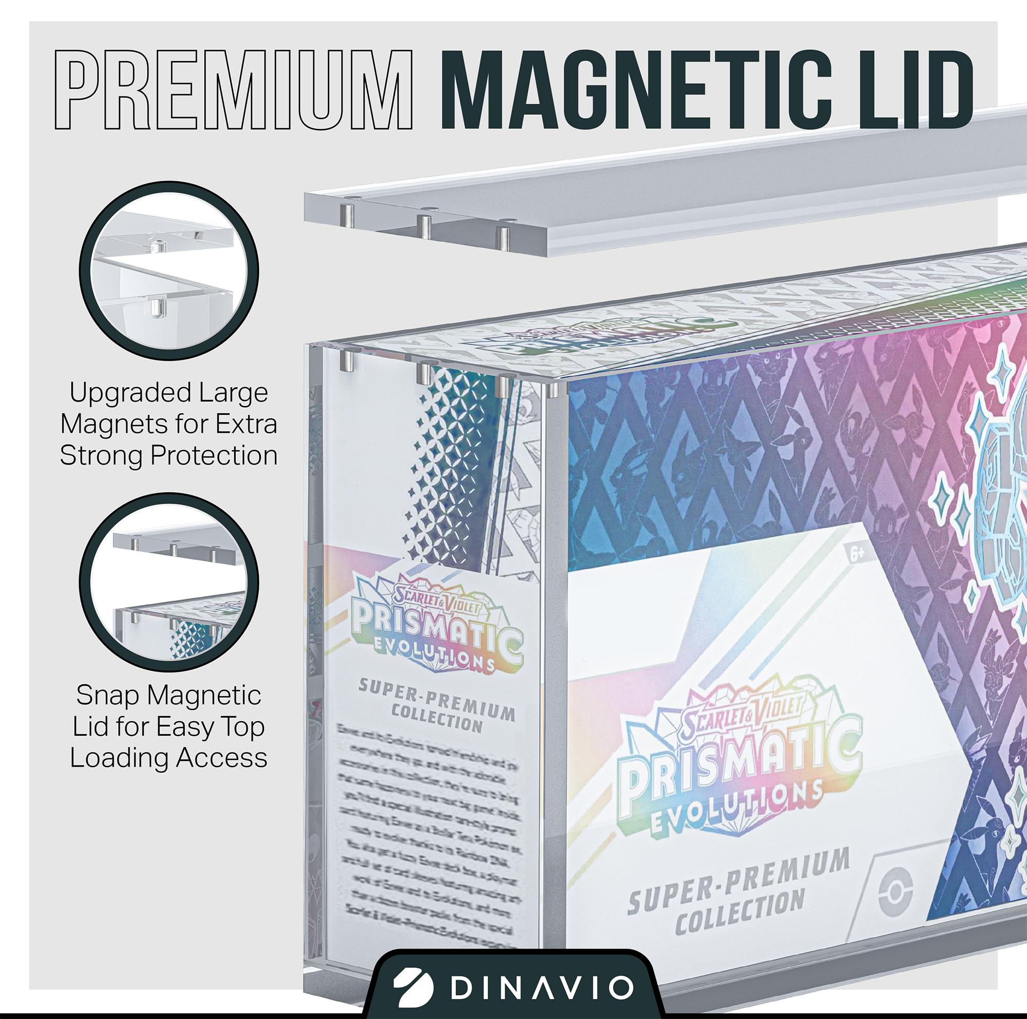 Crystal-clear acrylic offers pristine visibility of the Prismatic Evolutions SPC box.