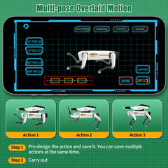 Dingdongwu Shoot Robot Dog app-programming visuals highlight kid-friendly coding for creative sequences.