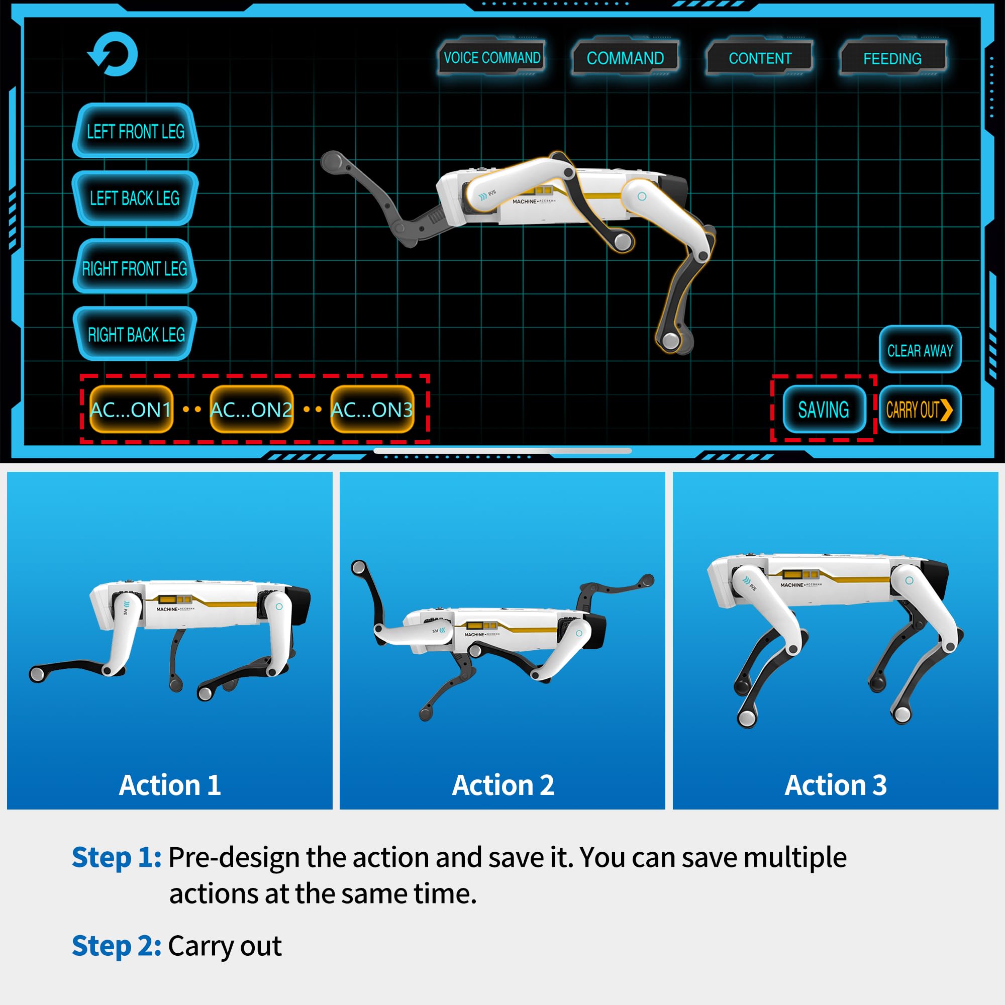 Dingdongwu smart dog with app programming screen for creating custom sequences
