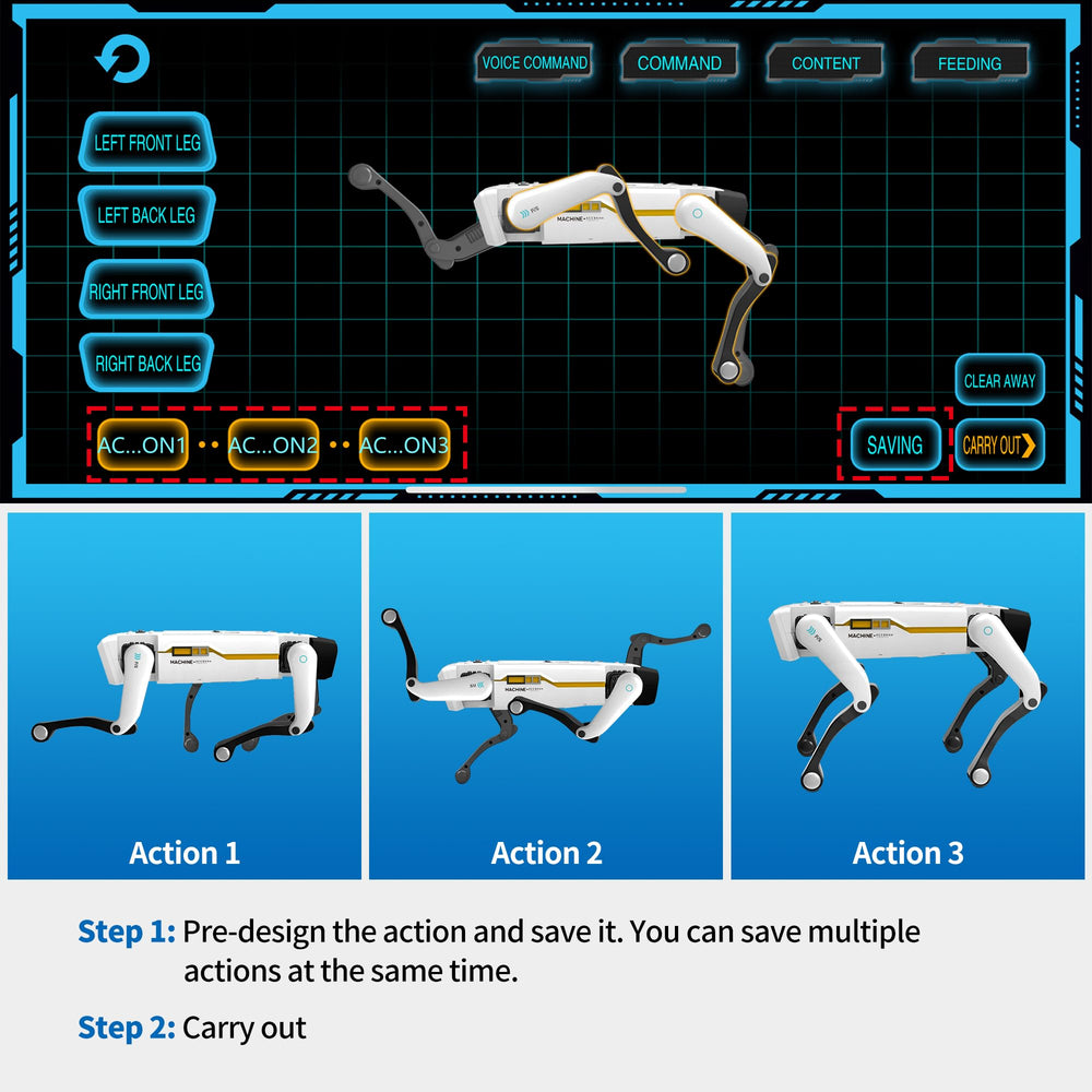 Dingdongwu smart dog with app programming screen for creating custom sequences