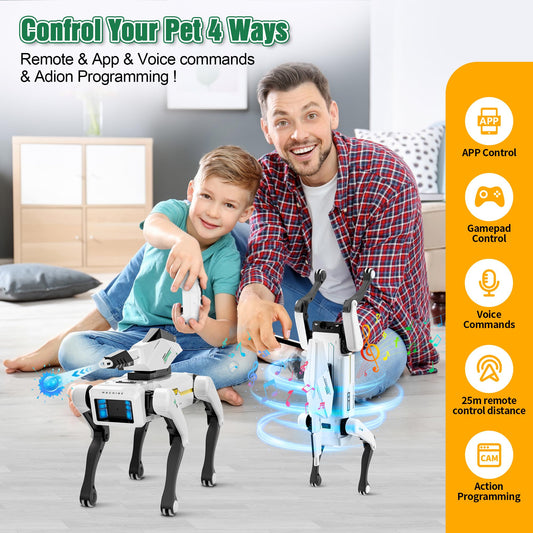 Dingdongwu Shoot Robot Dog voice-control image shows easy hands-free interaction for kids.