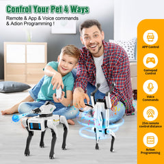 Dingdongwu Shoot Robot Dog voice-control image shows easy hands-free interaction for kids.