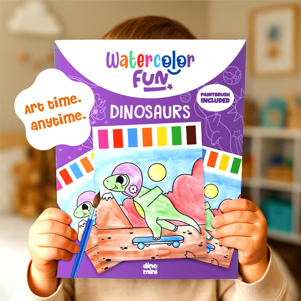 DINO MINI child painting with waterbrush shows mess-free painting for on-the-go fun.