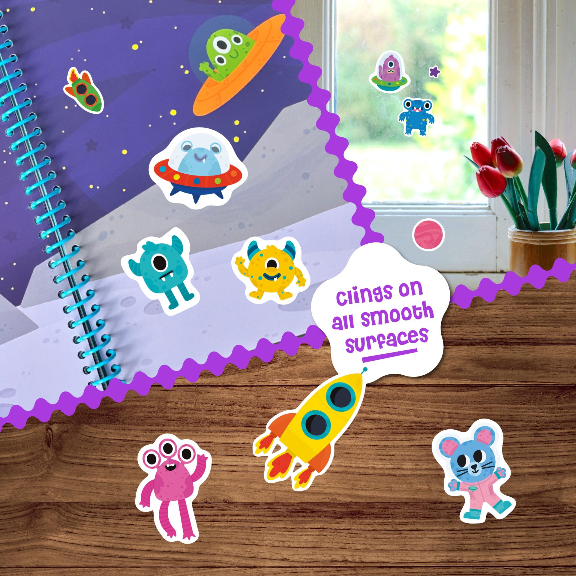 Dino Mini Stick4Ever book – open pages showing seven scenes for travel play.