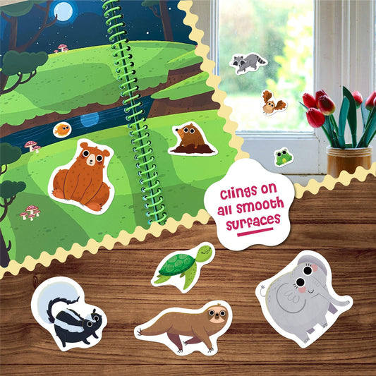 Close-up of Stick4Ever jelly stickers clinging to a window for mess-free play