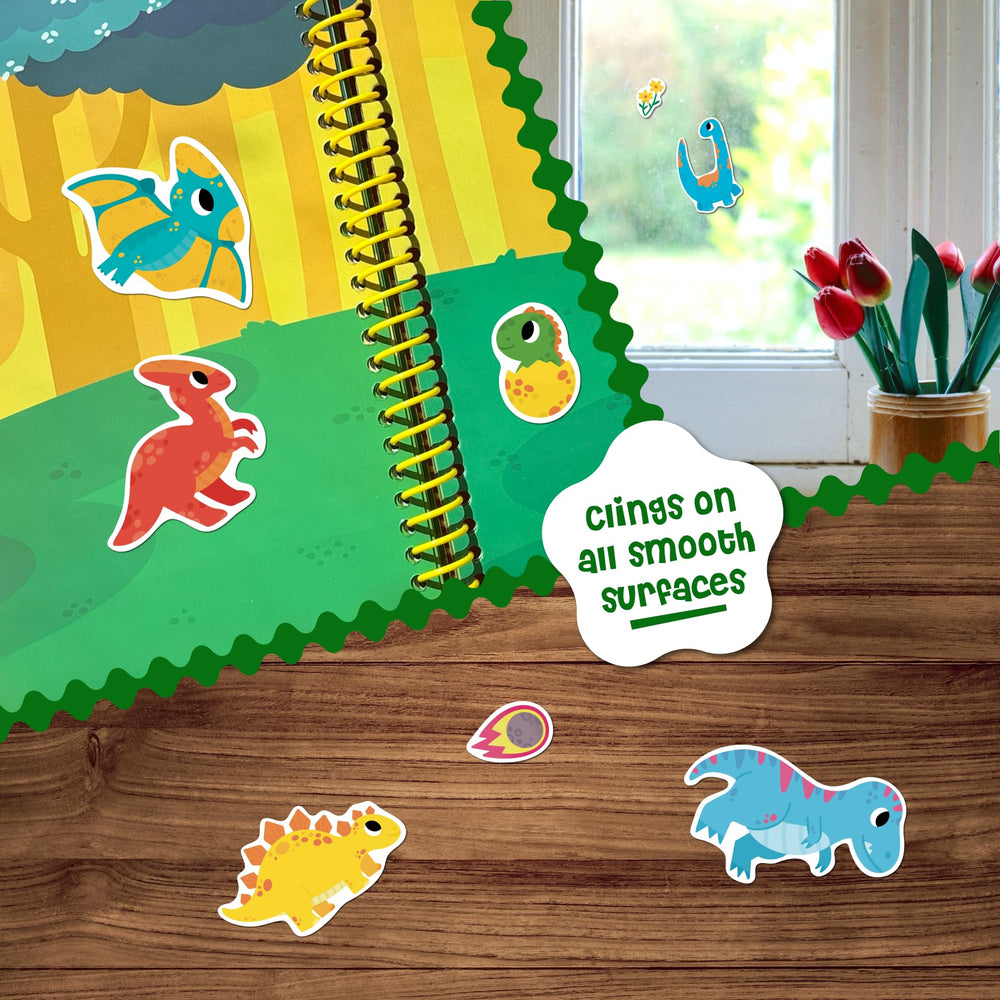 DINO MINI Stick4Ever jelly stickers on a car window for travel fun.