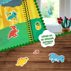 DINO MINI Stick4Ever jelly stickers on a car window for travel fun.