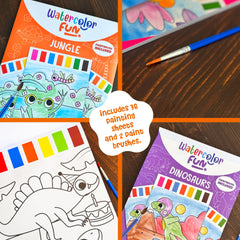 DINO MINI Watercolor Fun Pack contents display the books and tools for quick, all-in-one creativity.